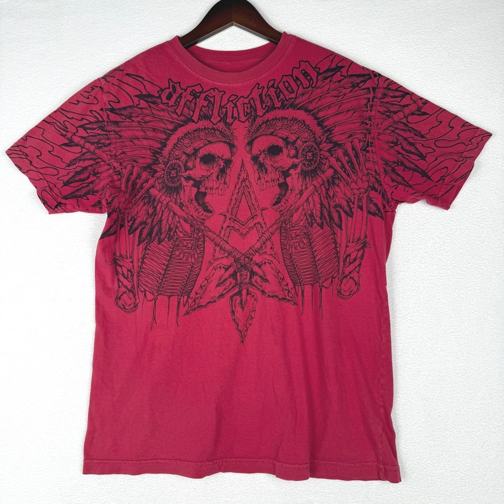 Affliction Apache Freedom T-Shirt Mens M Red Skulls Distressed Tee Y2K MMA Biker
